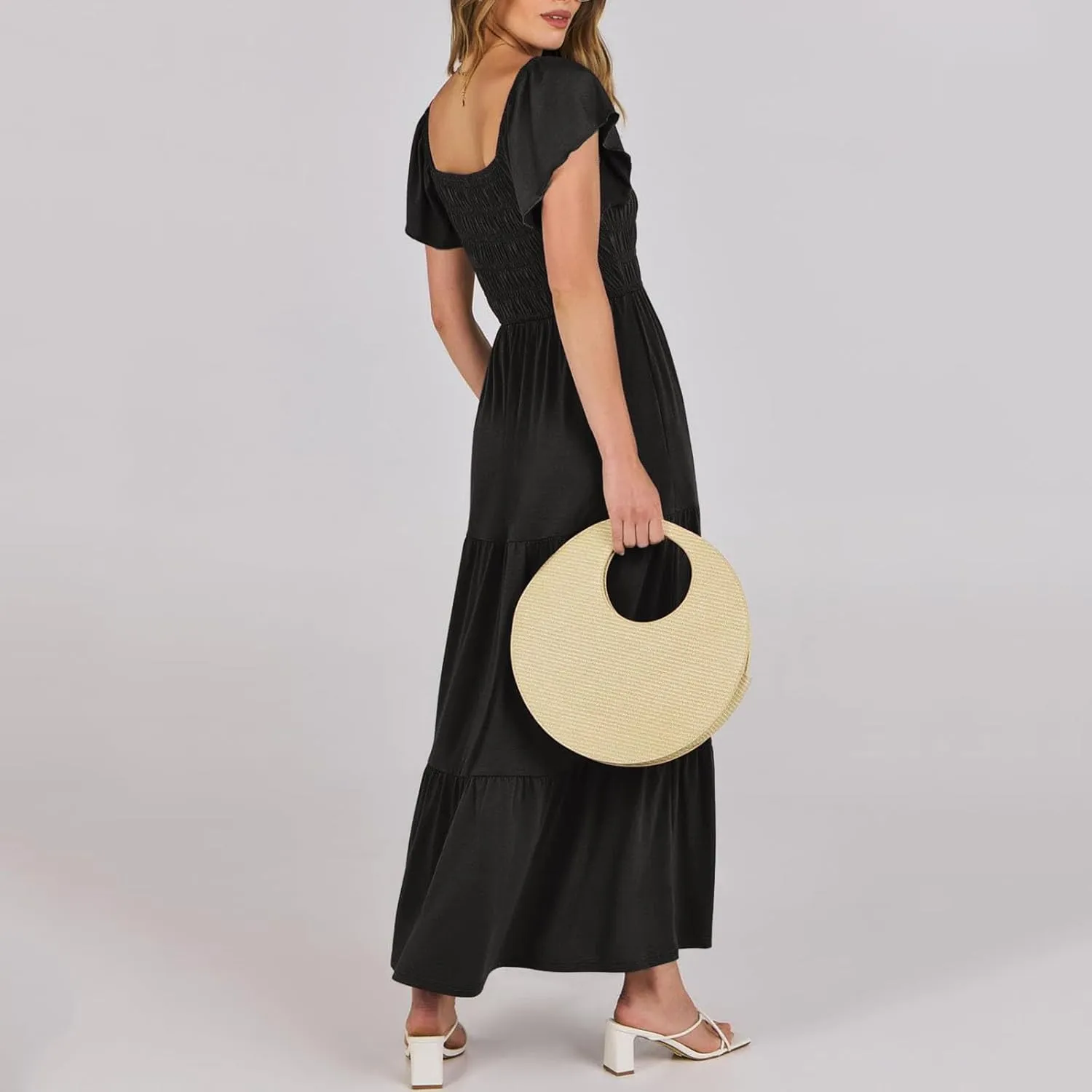 Women's 2025 Summer Casual Dress Square Neck Boho Floral Puff Sleeve A-line Tiered Flowy Midi Short Dresses