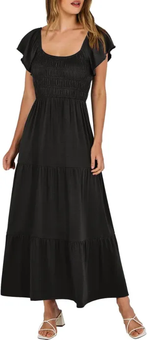 Women's 2025 Summer Casual Dress Square Neck Boho Floral Puff Sleeve A-line Tiered Flowy Midi Short Dresses