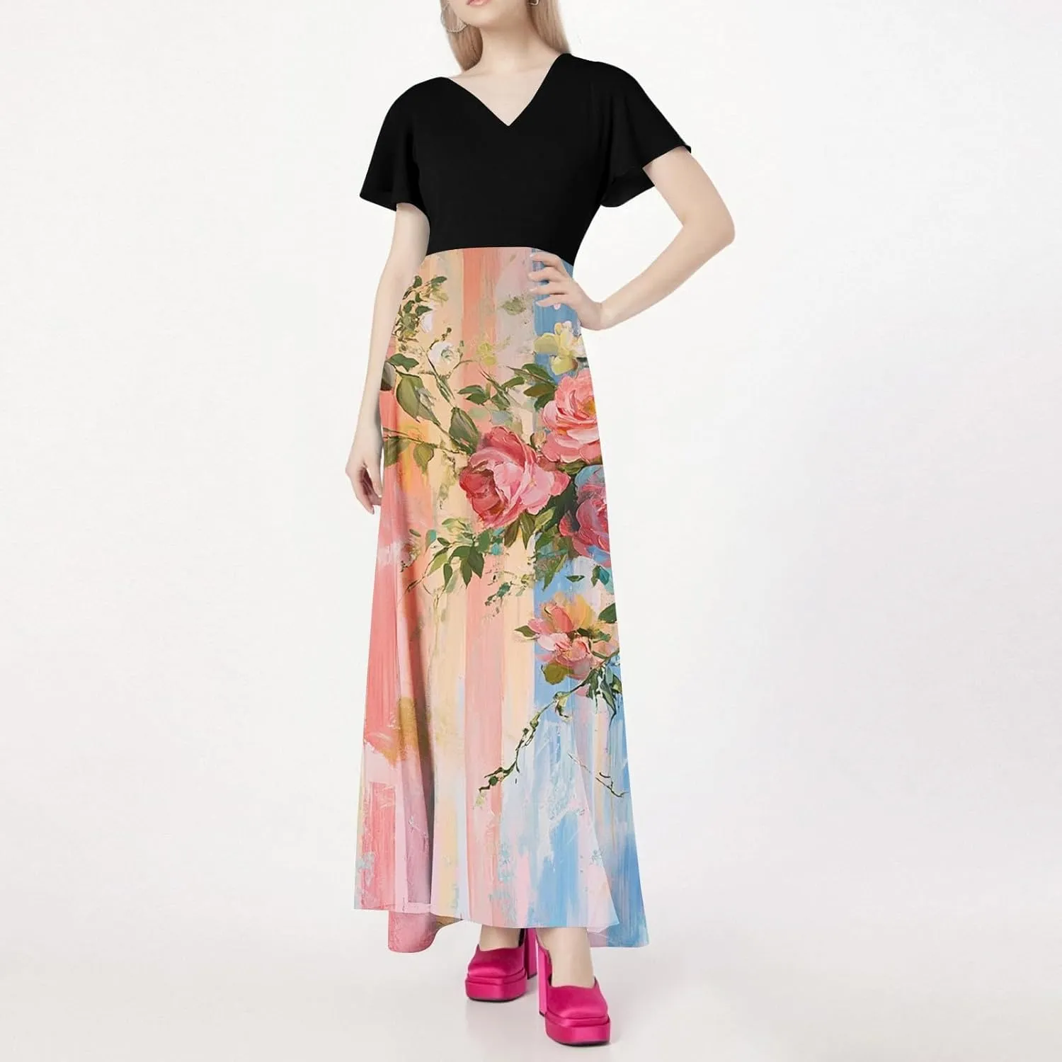 Women's 2025 Summer Casual Maxi Dress, V-Neck Short Sleeve High Waist Big Swing Loose Long Beach Sundress