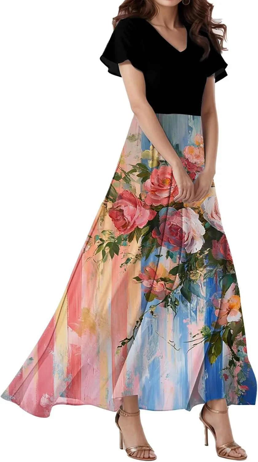Women's 2025 Summer Casual Maxi Dress, V-Neck Short Sleeve High Waist Big Swing Loose Long Beach Sundress