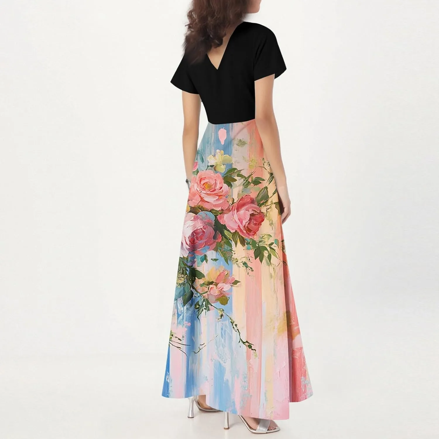 Women's 2025 Summer Casual Maxi Dress, V-Neck Short Sleeve High Waist Big Swing Loose Long Beach Sundress