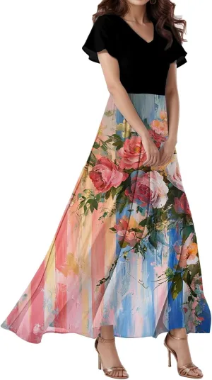 Women's 2025 Summer Casual Maxi Dress, V-Neck Short Sleeve High Waist Big Swing Loose Long Beach Sundress