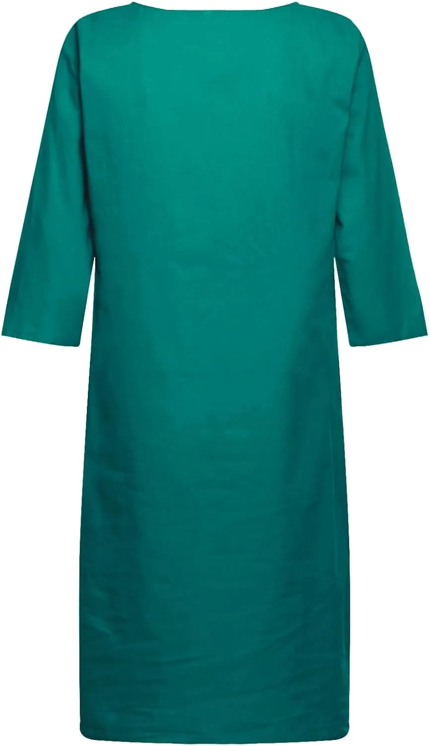 Women's 2025 Summer Cotton Linen Dress Spring Casual Boho 3/4 Sleeve Shirt Derss Flowy Skirt Beach Cover Ups Clothes