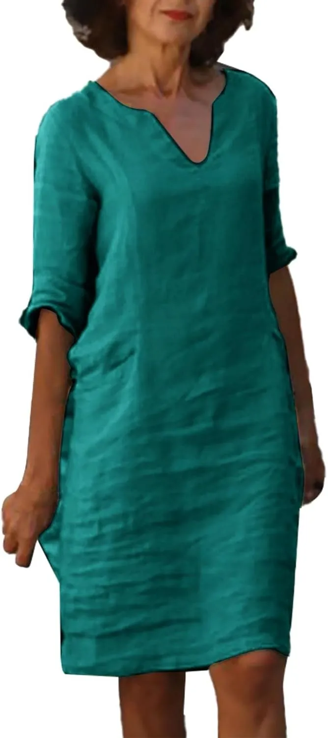 Women's 2025 Summer Cotton Linen Dress Spring Casual Boho 3/4 Sleeve Shirt Derss Flowy Skirt Beach Cover Ups Clothes