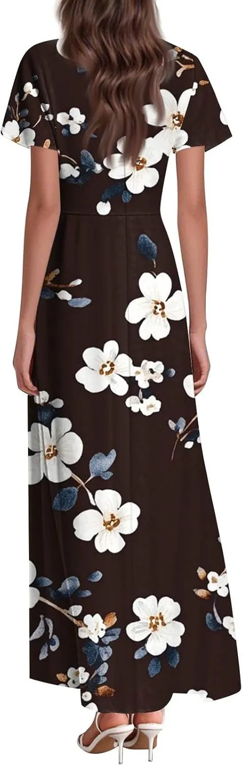 Women's 2025 Summer Floral Maxi Dress - V-Neck Short Sleeve High Waist Big Swing Loose Long Beach Sundress