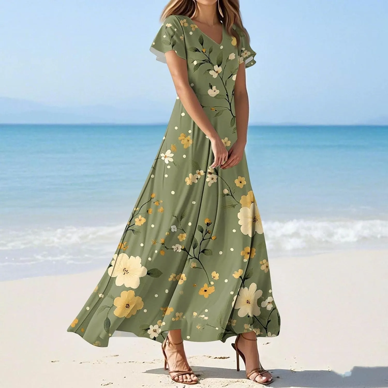 Women's 2025 Summer Floral Maxi Dress - V-Neck Short Sleeve High Waist Big Swing Loose Long Beach Sundress