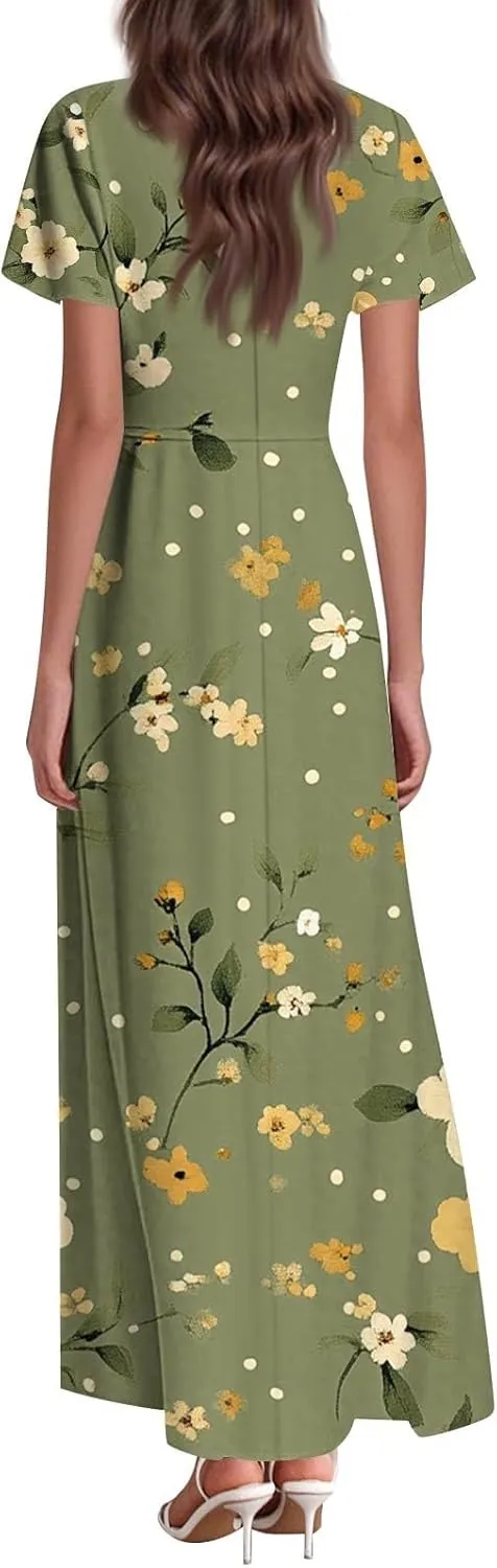 Women's 2025 Summer Floral Maxi Dress - V-Neck Short Sleeve High Waist Big Swing Loose Long Beach Sundress