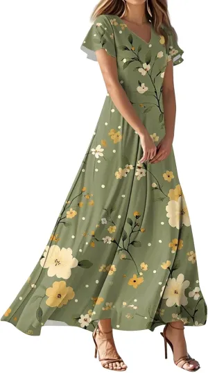 Women's 2025 Summer Floral Maxi Dress - V-Neck Short Sleeve High Waist Big Swing Loose Long Beach Sundress