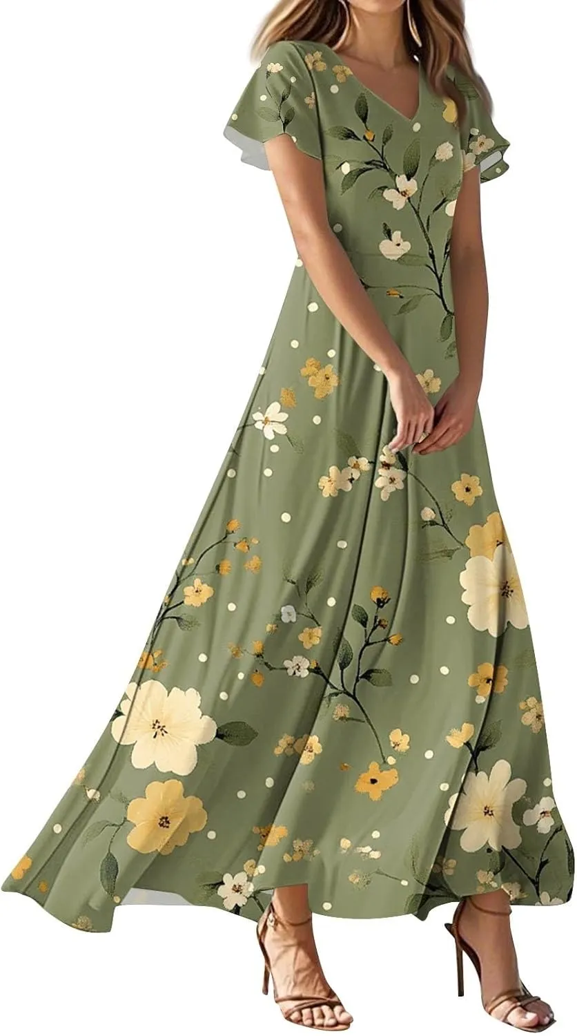 Women's 2025 Summer Floral Maxi Dress - V-Neck Short Sleeve High Waist Big Swing Loose Long Beach Sundress