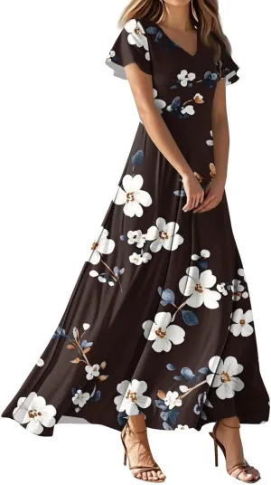 Women's 2025 Summer Floral Maxi Dress - V-Neck Short Sleeve High Waist Big Swing Loose Long Beach Sundress