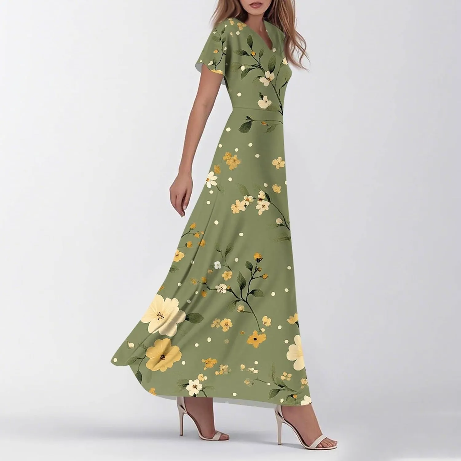 Women's 2025 Summer Floral Maxi Dress - V-Neck Short Sleeve High Waist Big Swing Loose Long Beach Sundress
