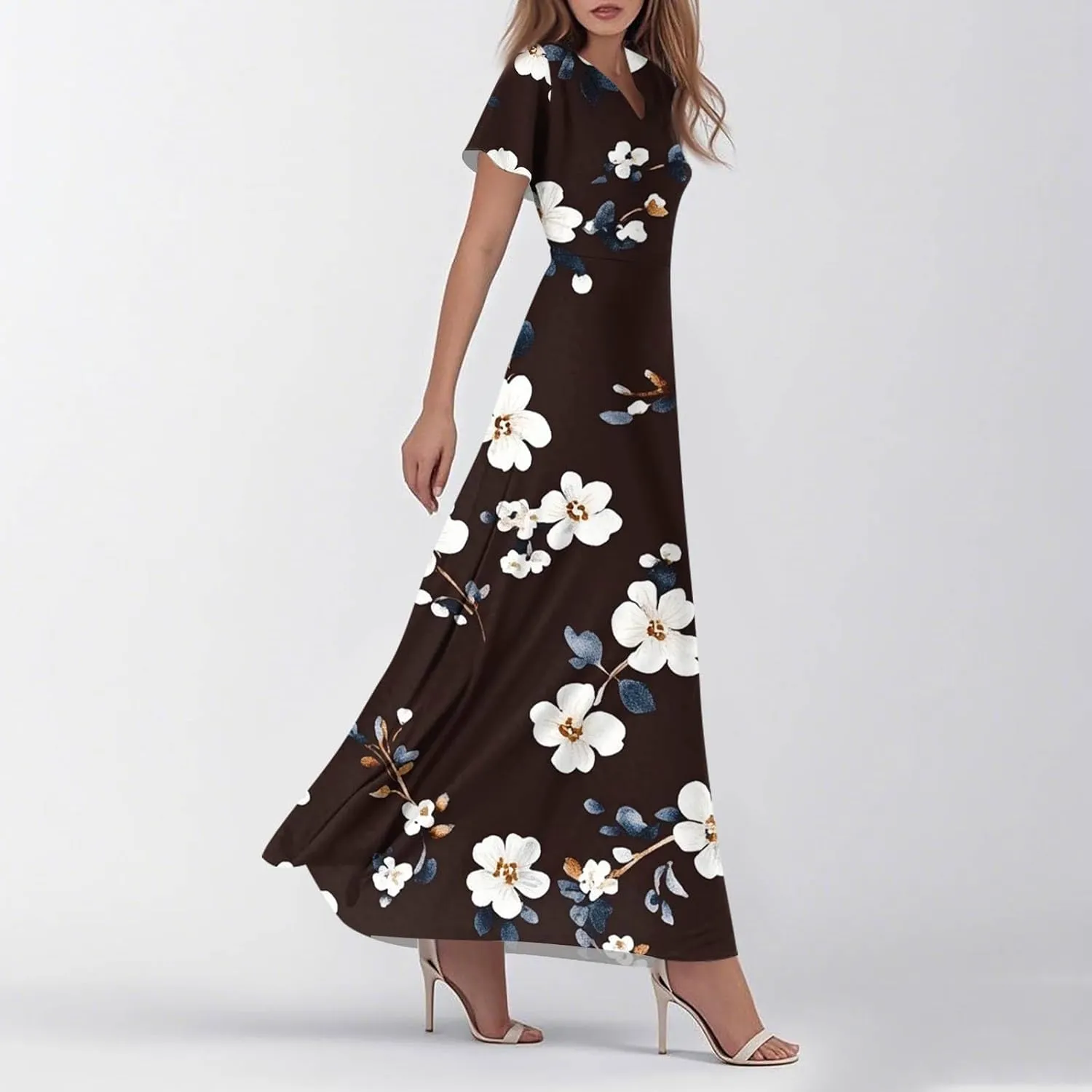 Women's 2025 Summer Floral Maxi Dress - V-Neck Short Sleeve High Waist Big Swing Loose Long Beach Sundress