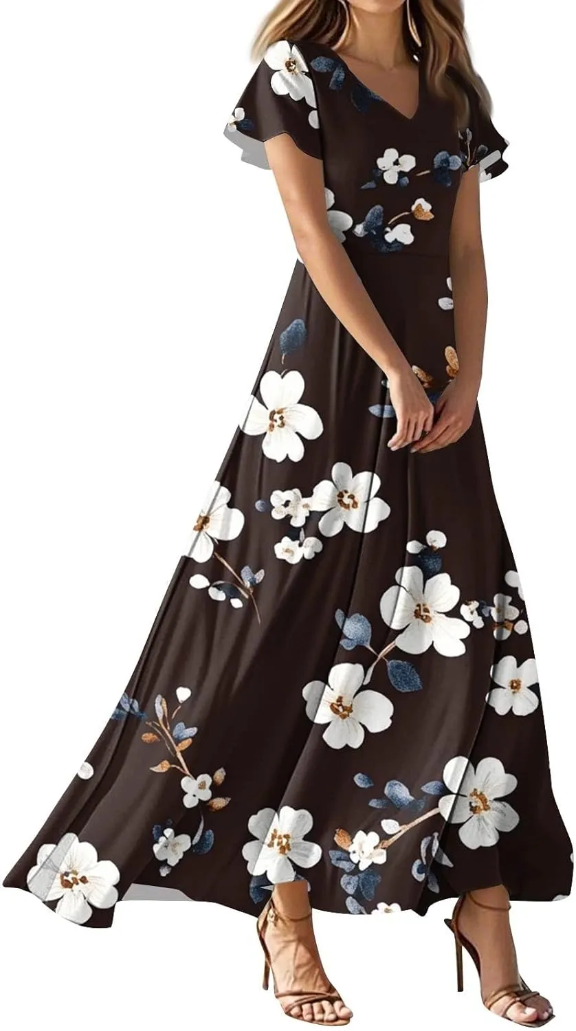 Women's 2025 Summer Floral Maxi Dress - V-Neck Short Sleeve High Waist Big Swing Loose Long Beach Sundress