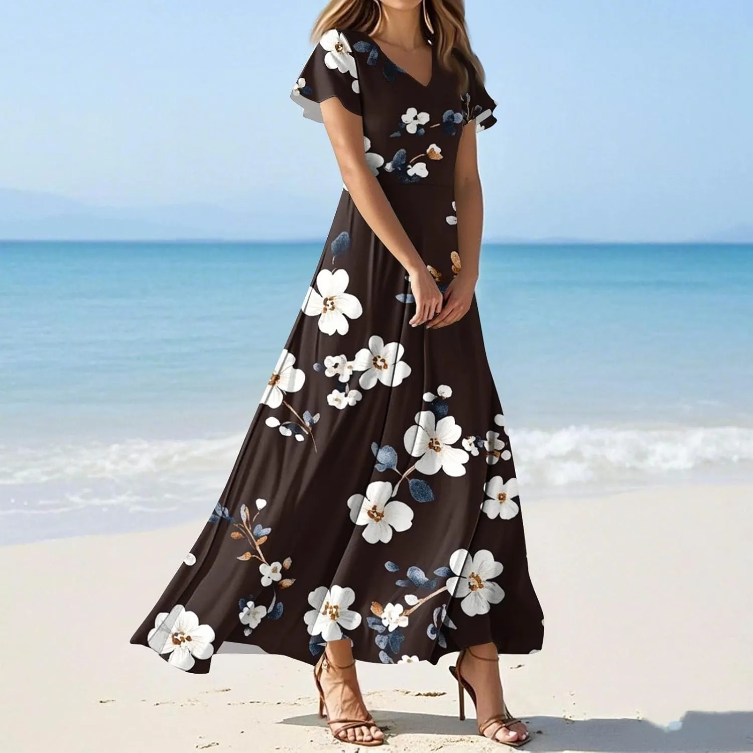 Women's 2025 Summer Floral Maxi Dress - V-Neck Short Sleeve High Waist Big Swing Loose Long Beach Sundress