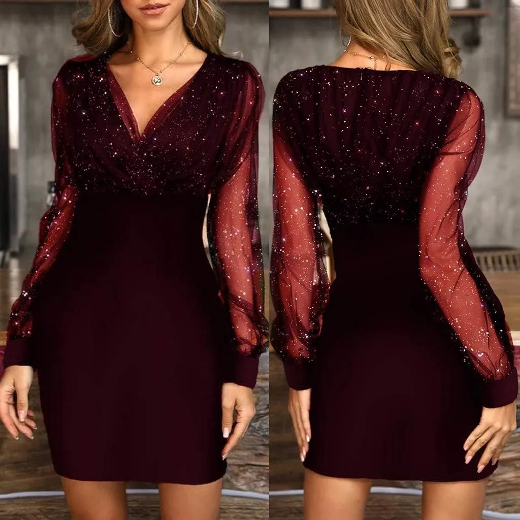 Women's 2025 Summer Sequins Dress Elegant Mesh Sleeve V Neck Vintage Midi Skirts Sexy Nightclub Party Blouse Dress