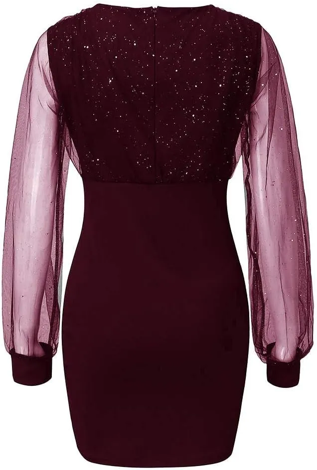 Women's 2025 Summer Sequins Dress Elegant Mesh Sleeve V Neck Vintage Midi Skirts Sexy Nightclub Party Blouse Dress
