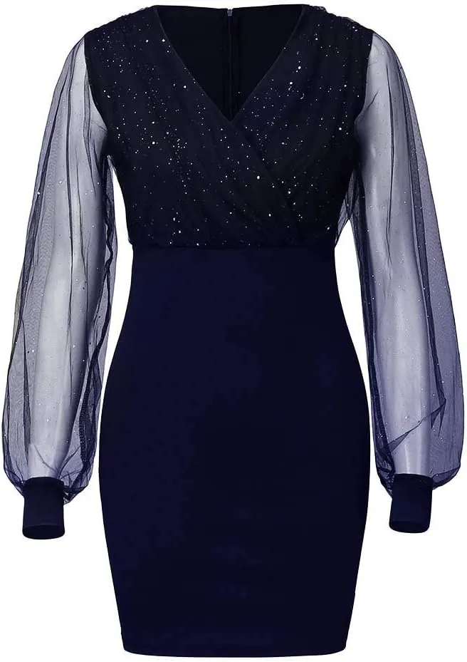 Women's 2025 Summer Sequins Dress Elegant Mesh Sleeve V Neck Vintage Midi Skirts Sexy Nightclub Party Blouse Dress
