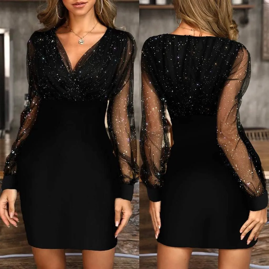 Women's 2025 Summer Sequins Dress Elegant Mesh Sleeve V Neck Vintage Midi Skirts Sexy Nightclub Party Blouse Dress