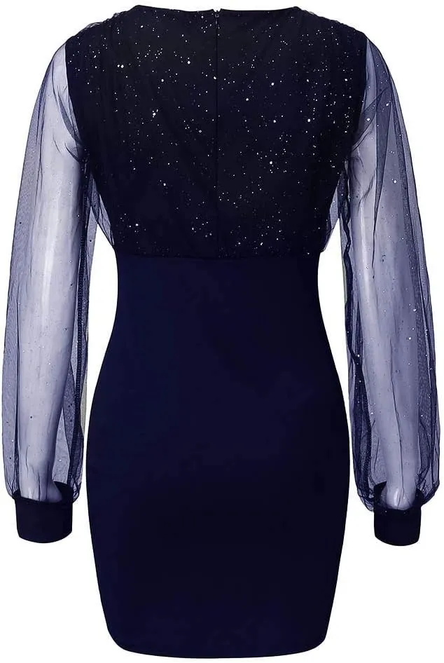 Women's 2025 Summer Sequins Dress Elegant Mesh Sleeve V Neck Vintage Midi Skirts Sexy Nightclub Party Blouse Dress