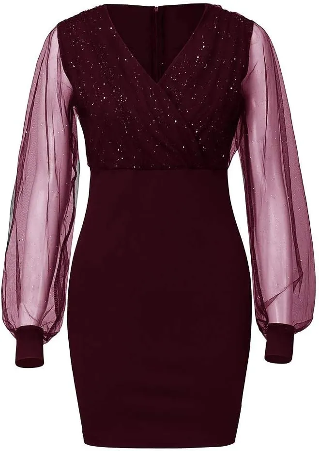 Women's 2025 Summer Sequins Dress Elegant Mesh Sleeve V Neck Vintage Midi Skirts Sexy Nightclub Party Blouse Dress