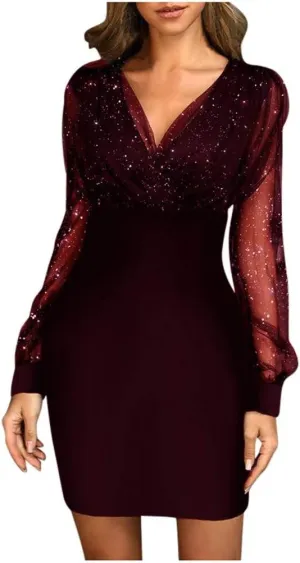 Women's 2025 Summer Sequins Dress Elegant Mesh Sleeve V Neck Vintage Midi Skirts Sexy Nightclub Party Blouse Dress