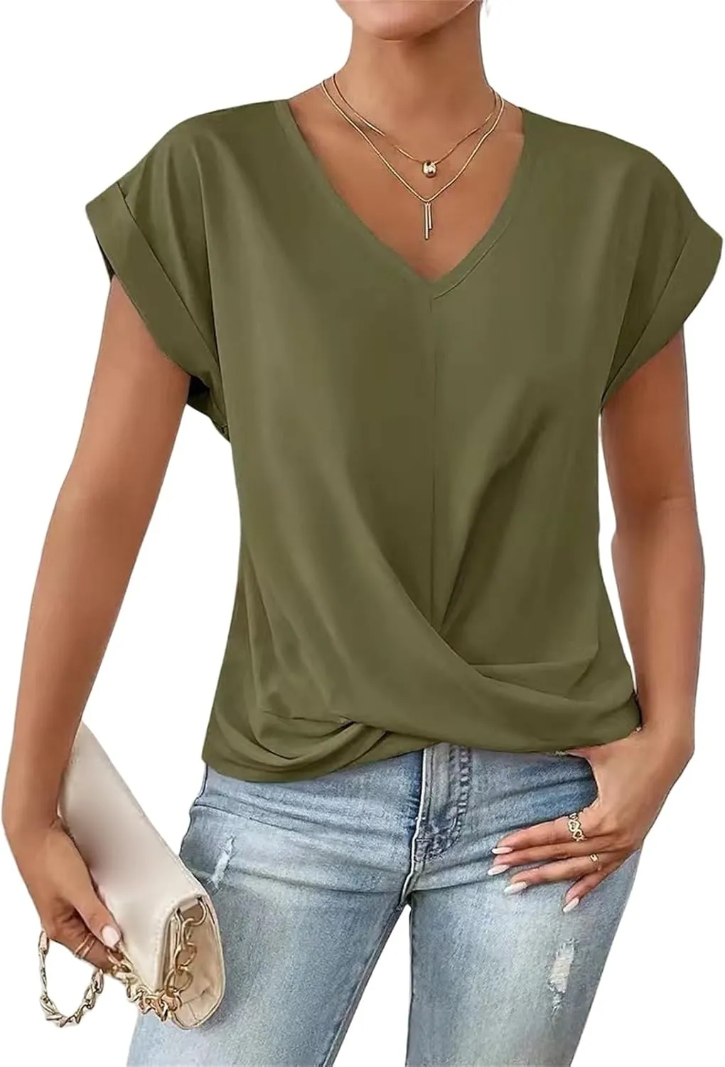 Womens 2025 Summer Tops V Neck Casual Twist Front Blouses Short Sleeve Tshirts Loose Fit Tunic Tops Basic Tee Shirts