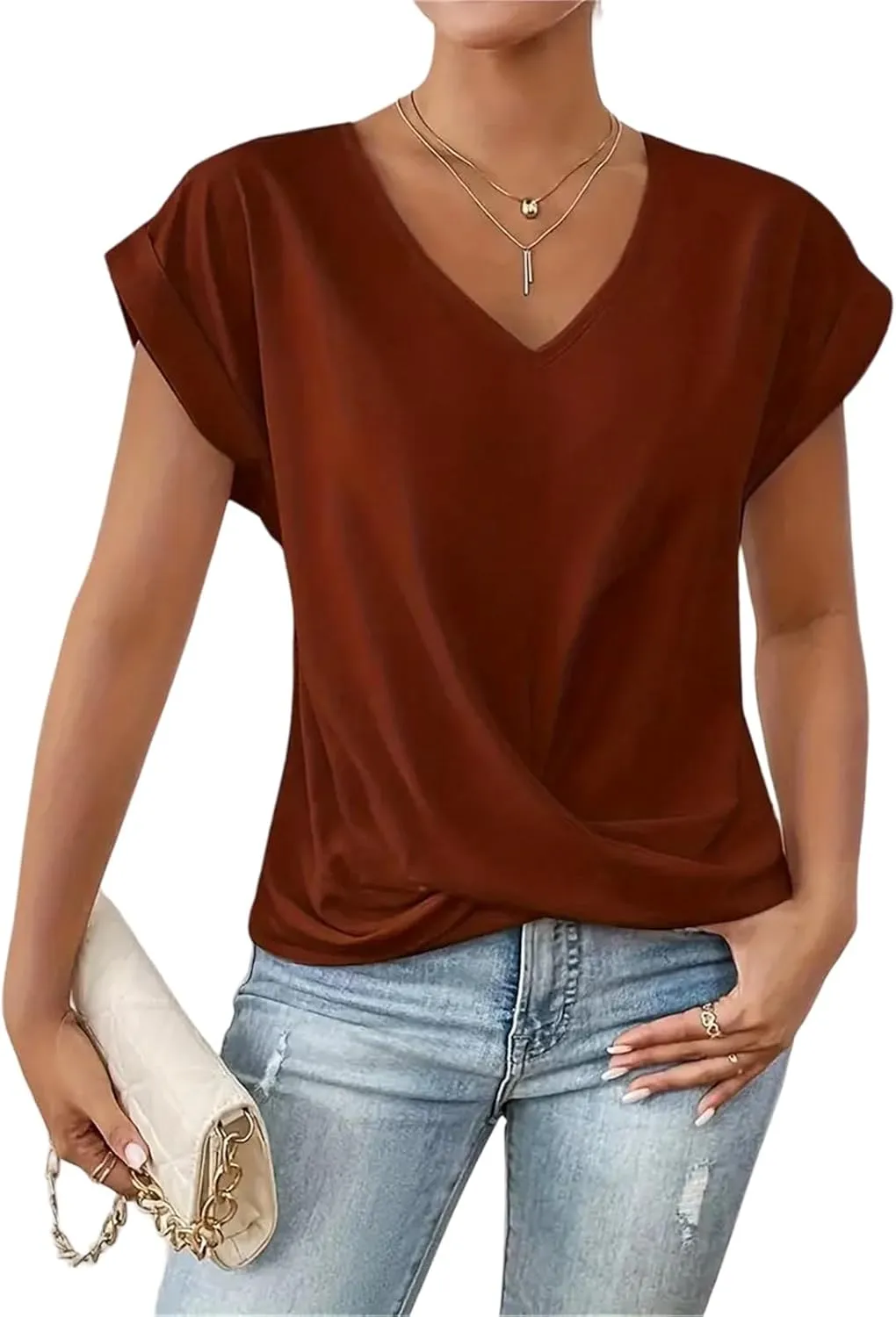 Womens 2025 Summer Tops V Neck Casual Twist Front Blouses Short Sleeve Tshirts Loose Fit Tunic Tops Basic Tee Shirts
