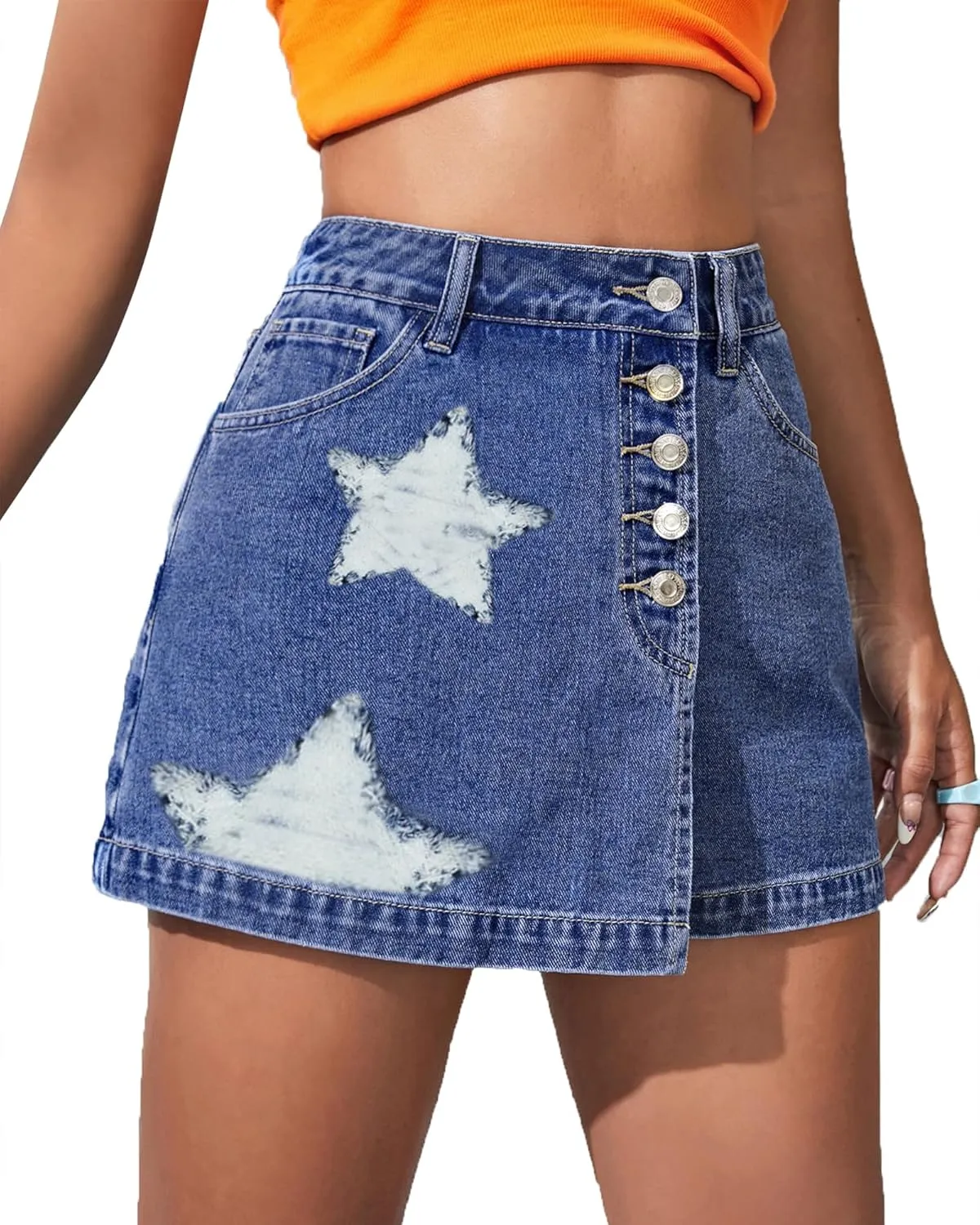 Women's A Line Denim Shorts High Waisted Casual Button Up Asymmetrical Star Print Mini Jean Skort Skirts