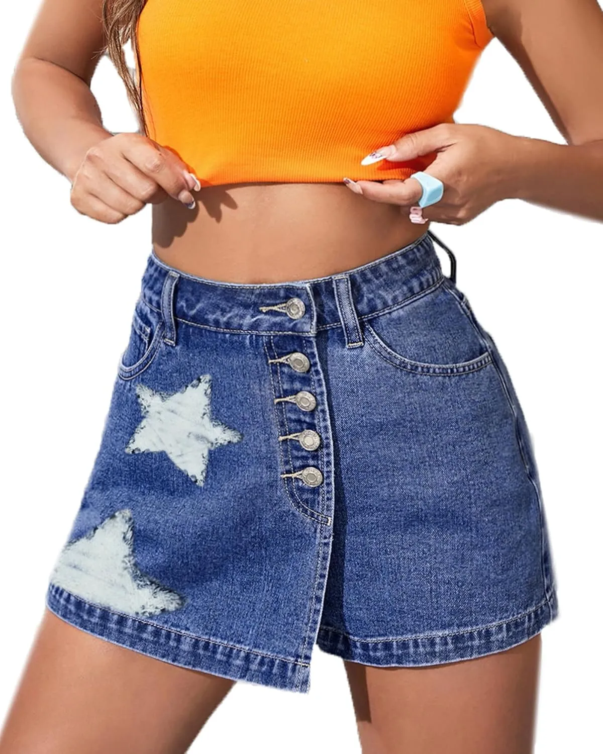 Women's A Line Denim Shorts High Waisted Casual Button Up Asymmetrical Star Print Mini Jean Skort Skirts