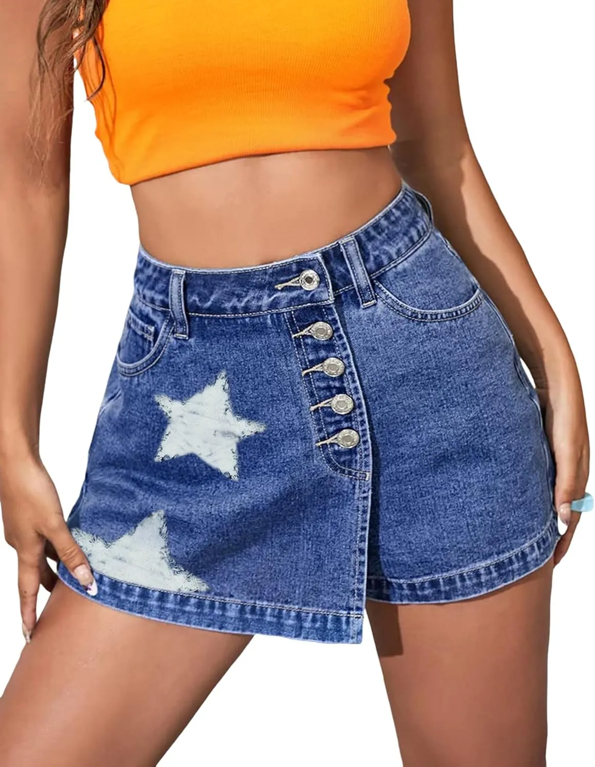 Women's A Line Denim Shorts High Waisted Casual Button Up Asymmetrical Star Print Mini Jean Skort Skirts