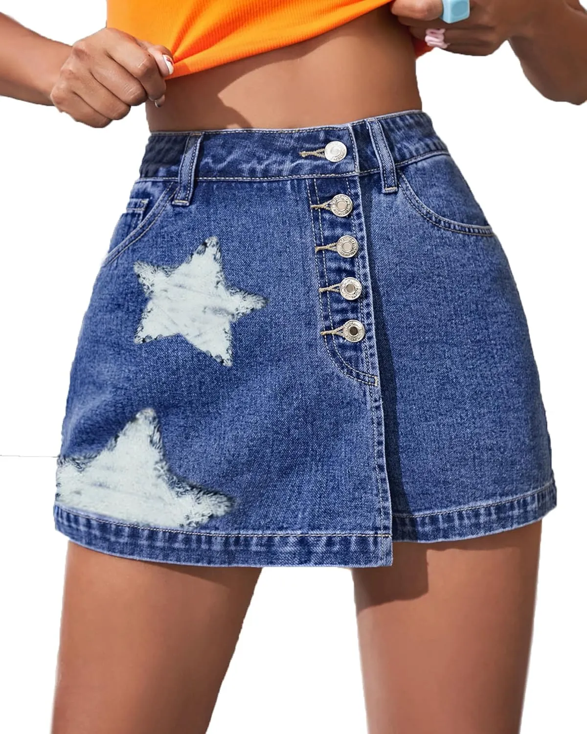 Women's A Line Denim Shorts High Waisted Casual Button Up Asymmetrical Star Print Mini Jean Skort Skirts