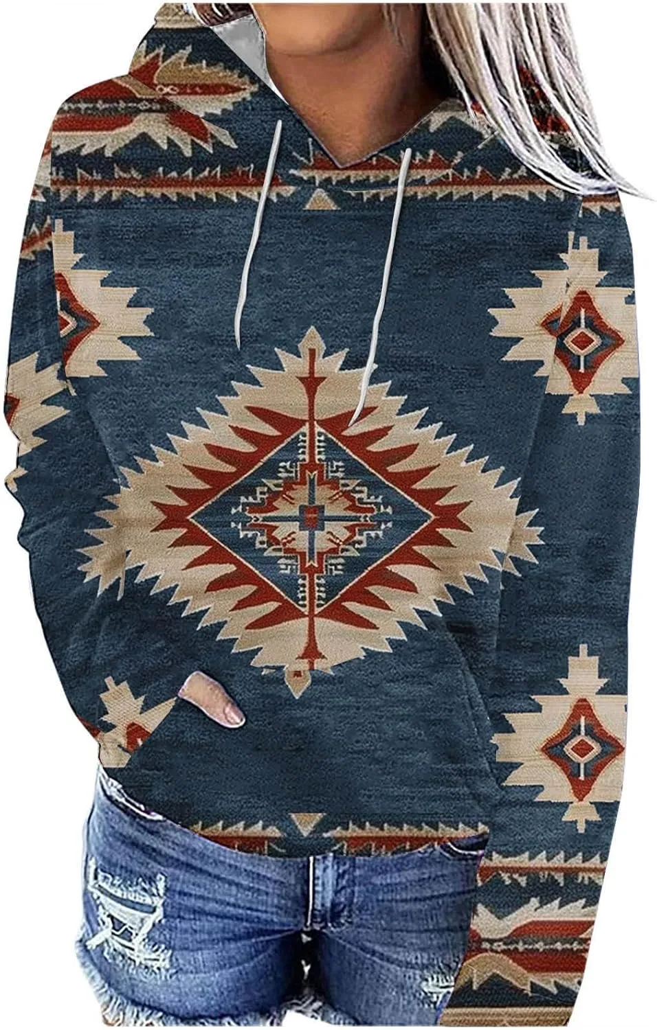 Womens Aztec Ethic Graphic Sweatshirt Western Shirts Hoodies Casual Fall Tops Pullover Cow Country Vintage Outfit