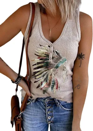 Womens Aztec V-Neck Ribbed Henley Tank Tops Retro Aztec Sleeveless Ribbed Button Tank Tops Women
