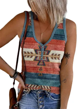 Womens Aztec V-Neck Ribbed Henley Tank Tops Retro Aztec Sleeveless Ribbed Button Tank Tops Women