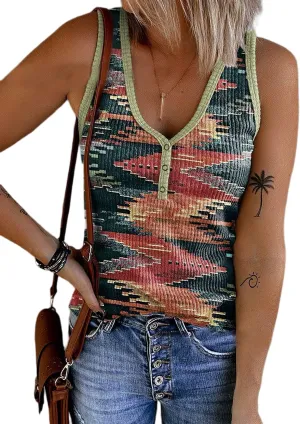 Womens Aztec V-Neck Ribbed Henley Tank Tops Retro Aztec Sleeveless Ribbed Button Tank Tops Women