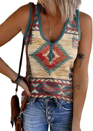 Womens Aztec V-Neck Ribbed Henley Tank Tops Retro Aztec Sleeveless Ribbed Button Tank Tops Women