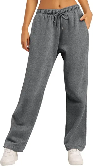 Women's Baggy Fleece Wide Leg Sweatpants Fleece Lined Soft Loose Open Bottom Joggers High Rise Workout Running Tall