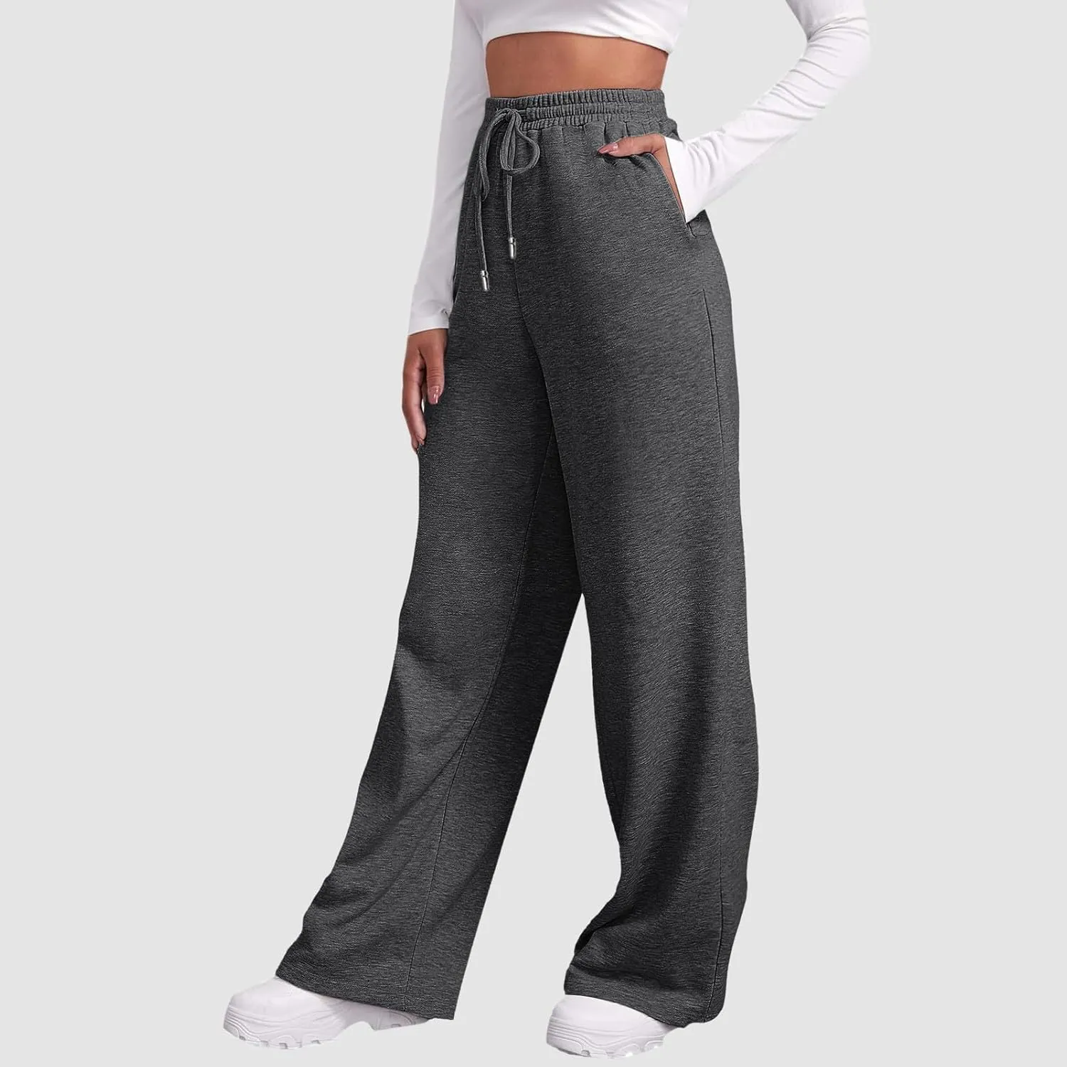 Women's Baggy Fleece Wide Leg Sweatpants Fleece Lined Soft Loose Open Bottom Joggers High Rise Workout Running Tall