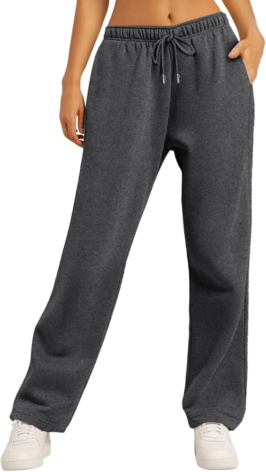 Women's Baggy Fleece Wide Leg Sweatpants Fleece Lined Soft Loose Open Bottom Joggers High Rise Workout Running Tall