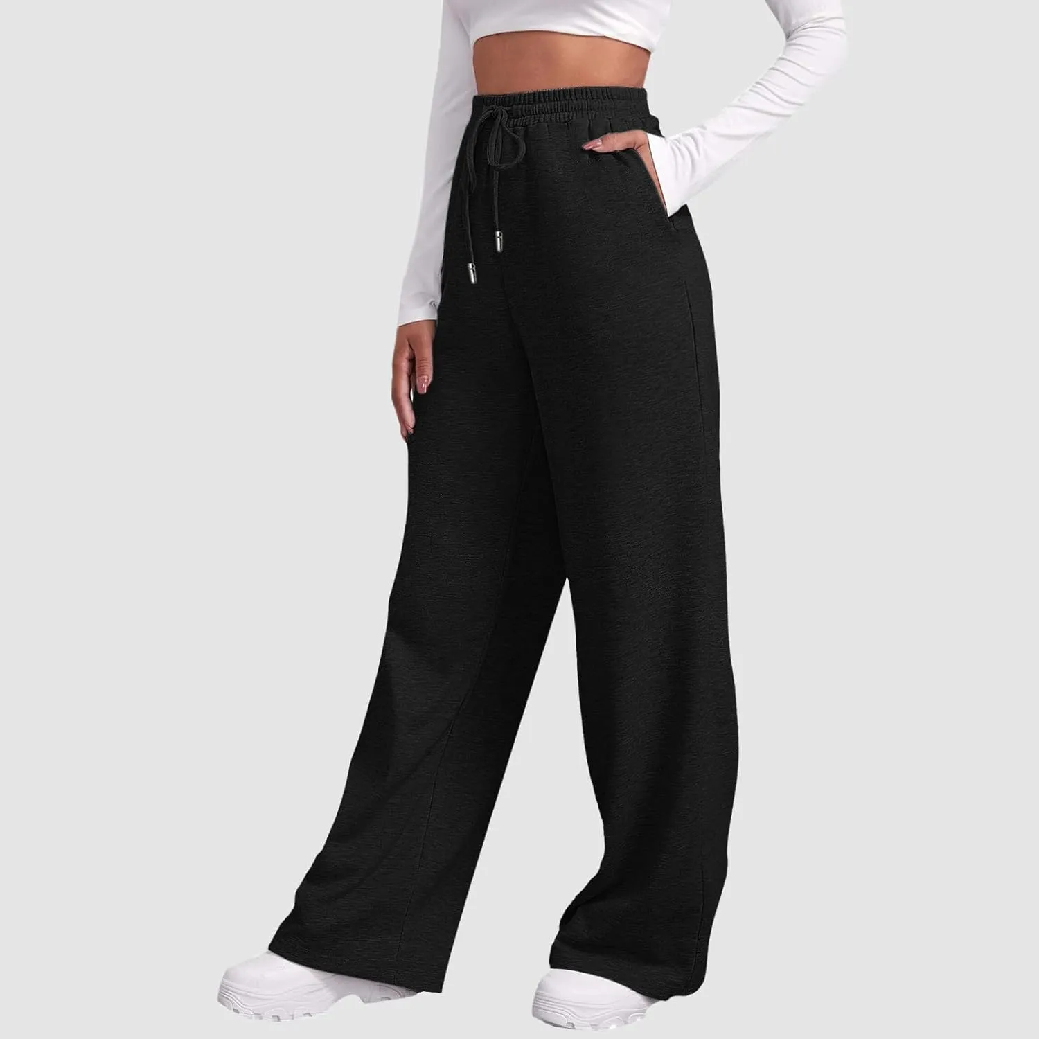 Women's Baggy Fleece Wide Leg Sweatpants Fleece Lined Soft Loose Open Bottom Joggers High Rise Workout Running Tall