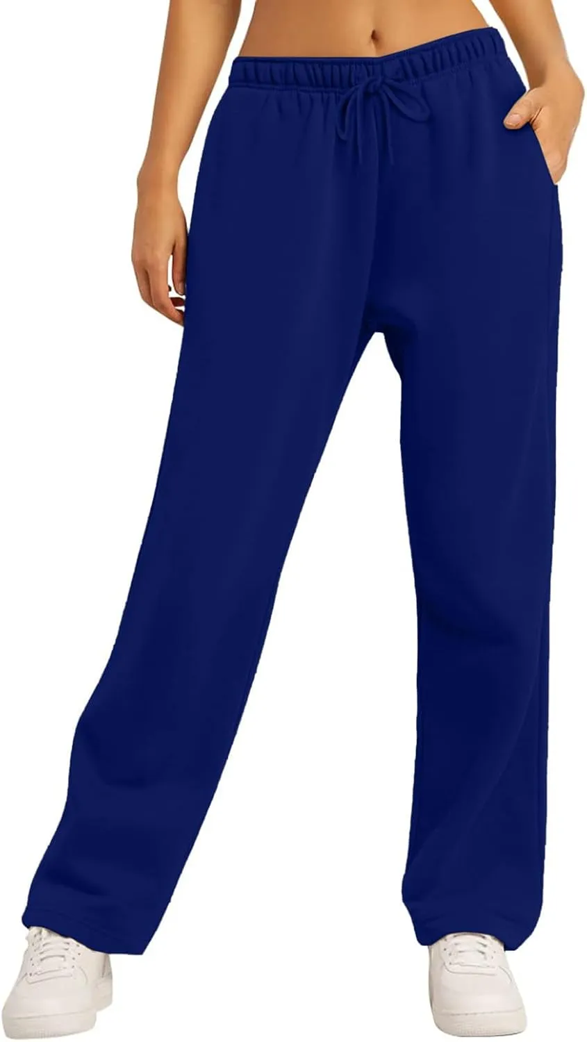 Women's Baggy Fleece Wide Leg Sweatpants Fleece Lined Soft Loose Open Bottom Joggers High Rise Workout Running Tall