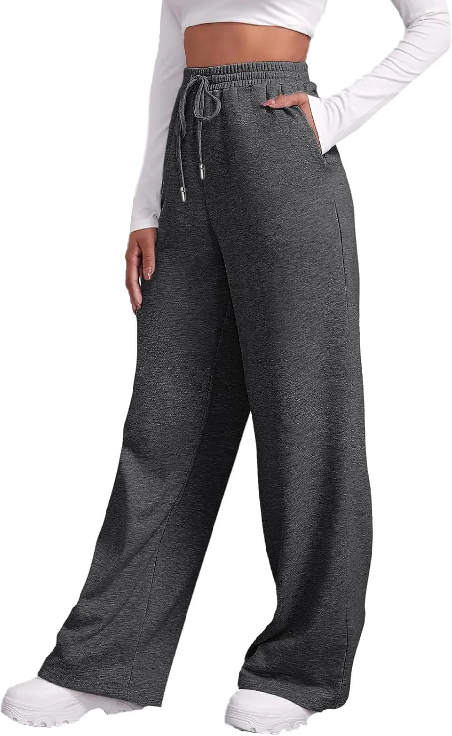 Women's Baggy Fleece Wide Leg Sweatpants Fleece Lined Soft Loose Open Bottom Joggers High Rise Workout Running Tall