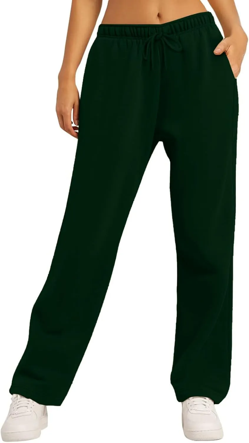 Women's Baggy Fleece Wide Leg Sweatpants Fleece Lined Soft Loose Open Bottom Joggers High Rise Workout Running Tall