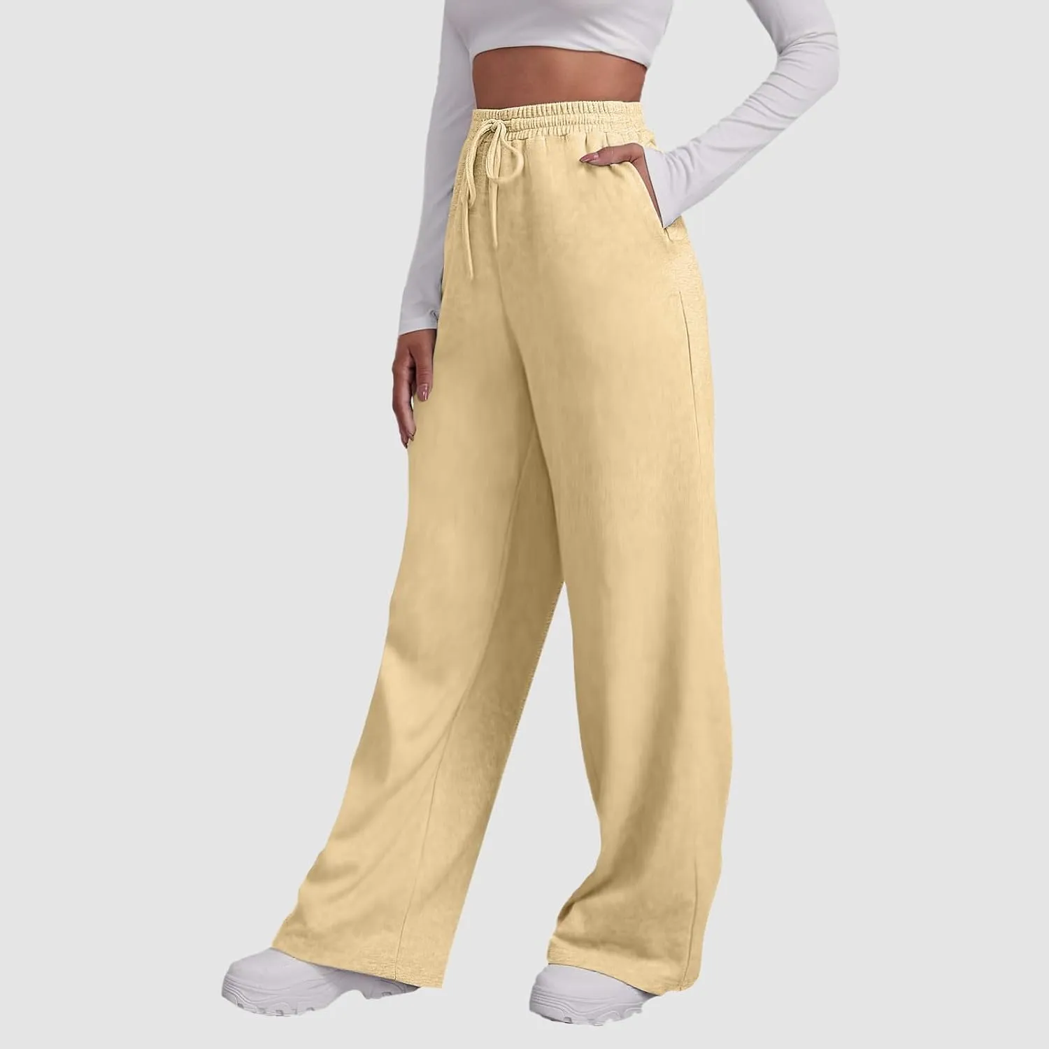 Women's Baggy Fleece Wide Leg Sweatpants Fleece Lined Soft Loose Open Bottom Joggers High Rise Workout Running Tall