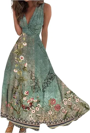Women's Boho Dress Summer V-Neck Sleeveless Maxi Dresses Casual Outdoor Loose Floral Printed Dress, S-3XL