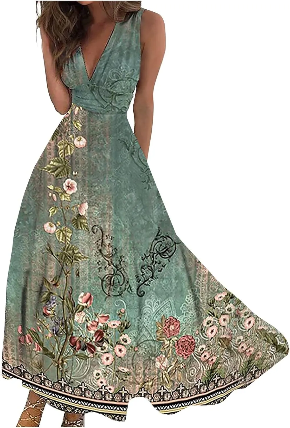 Women's Boho Dress Summer V-Neck Sleeveless Maxi Dresses Casual Outdoor Loose Floral Printed Dress, S-3XL