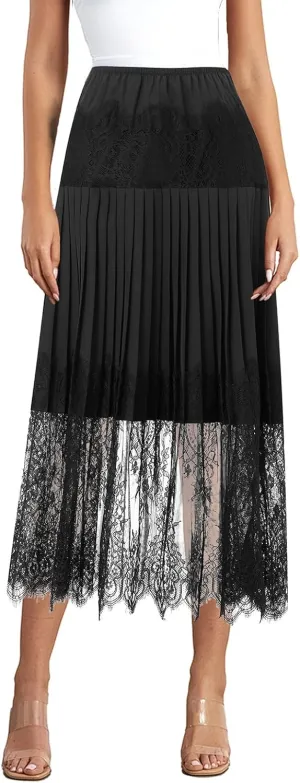 Womens Boho Elastic High Waist Skirts A-line Ruffle Lace Trim Tiered Midi Maxi Skirt Splicing Hem Midi Skirt