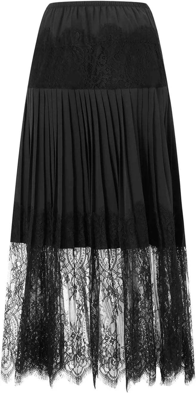 Womens Boho Elastic High Waist Skirts A-line Ruffle Lace Trim Tiered Midi Maxi Skirt Splicing Hem Midi Skirt