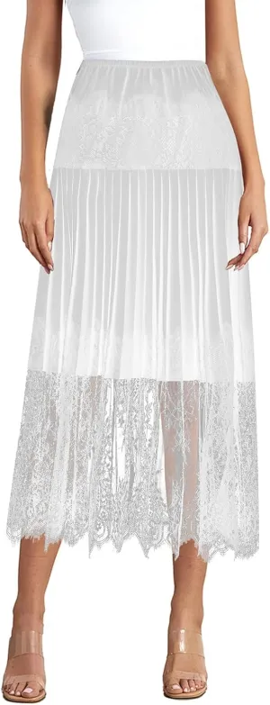 Womens Boho Elastic High Waist Skirts A-line Ruffle Lace Trim Tiered Midi Maxi Skirt Splicing Hem Midi Skirt