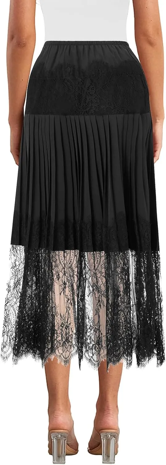 Womens Boho Elastic High Waist Skirts A-line Ruffle Lace Trim Tiered Midi Maxi Skirt Splicing Hem Midi Skirt